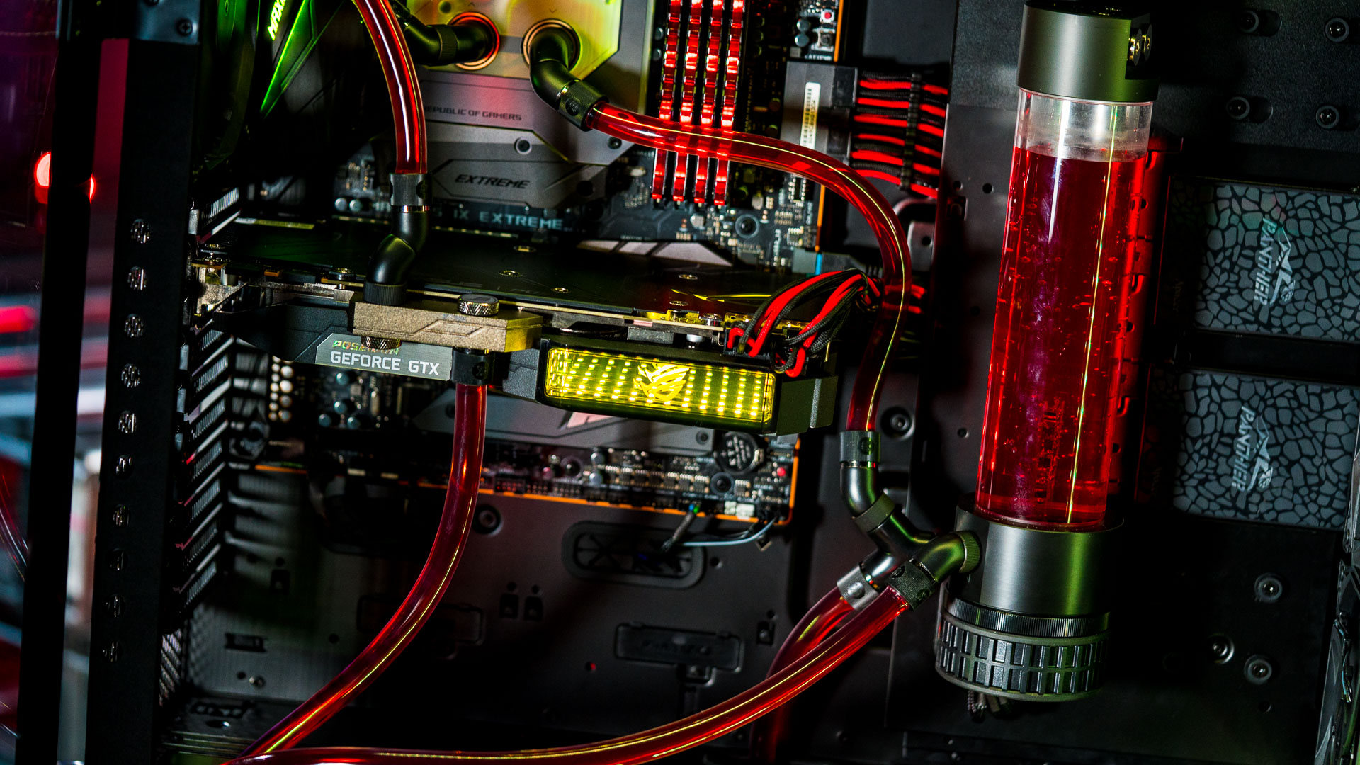 A GPU in a motherboard, with liquid cooling