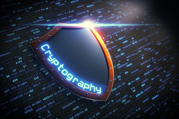 A side view on a shield with the word "Cryptography" written on its side. The shield is laid out on a surface with encrypted data.