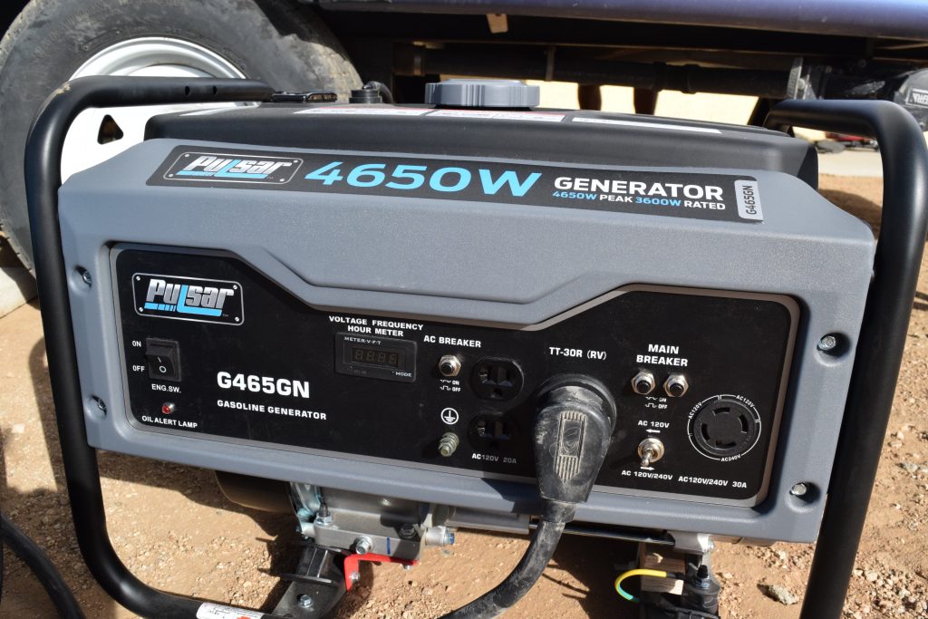The Pulsar 4,650W portable open-frame generator has direct TT-30R RV hookup and 30A twist-lock outlets.