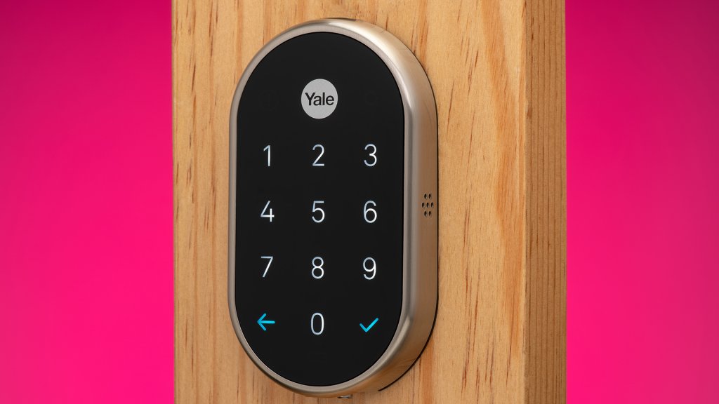 The Nest x Yale smart lock, a tamper-proof, key-free deadbolt that connects to the Nest app.