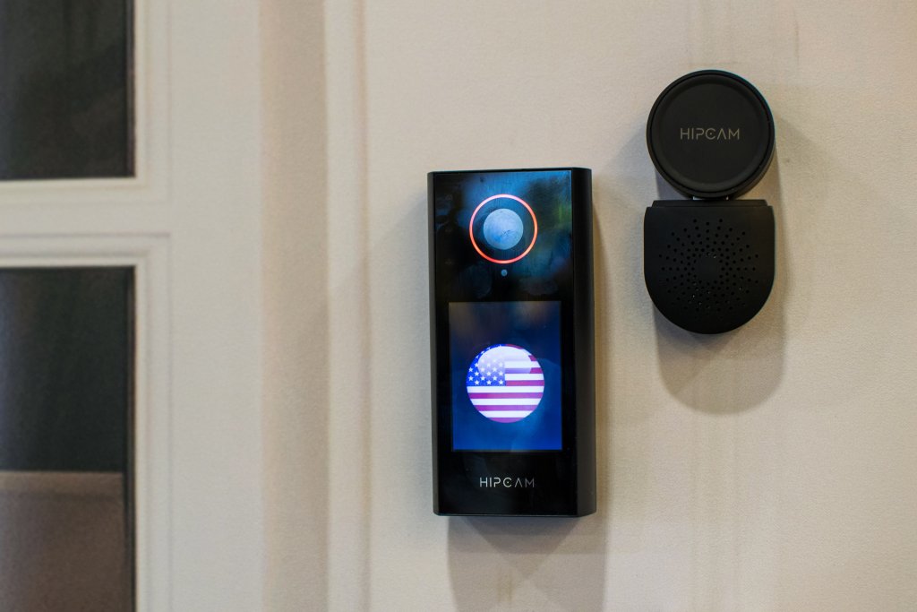 Hipcam's smart doorbell allows users to video chat with two-way audio or video communication using a secondary Hipcam indoor camera, with a remote USB chime speaker. 