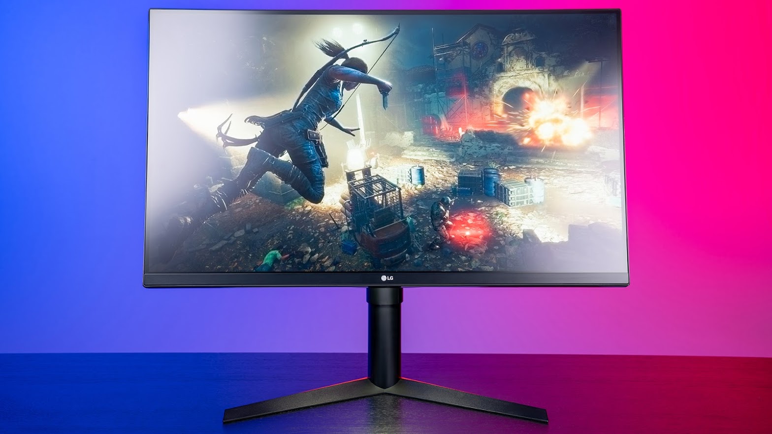 LG gaming monitor facing forward with a screenshot of Tomb Raider on screen
