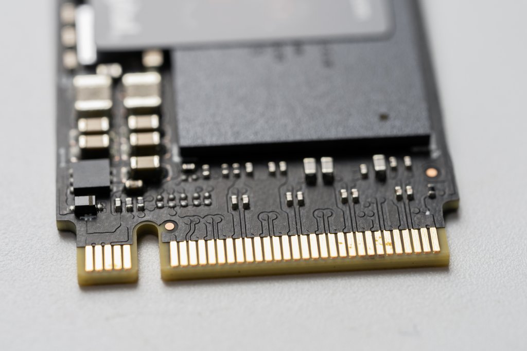 Closeup of an M.2 SSD's connector teeth, best storage for desktop PCs