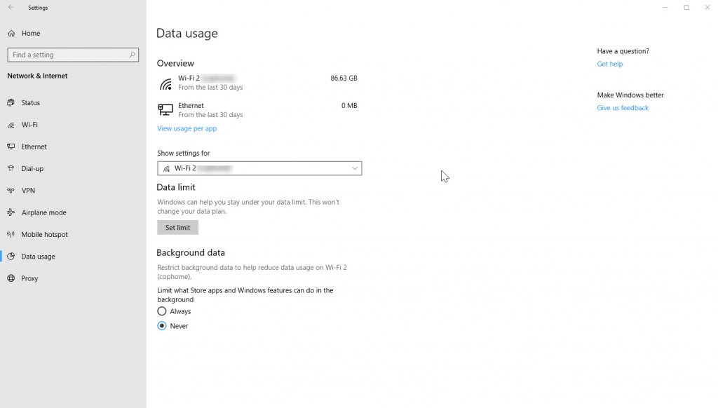 Data usage page