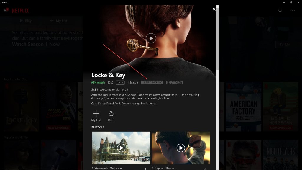 Lock & Key Netflix 4K video media on a Windows 10 PC