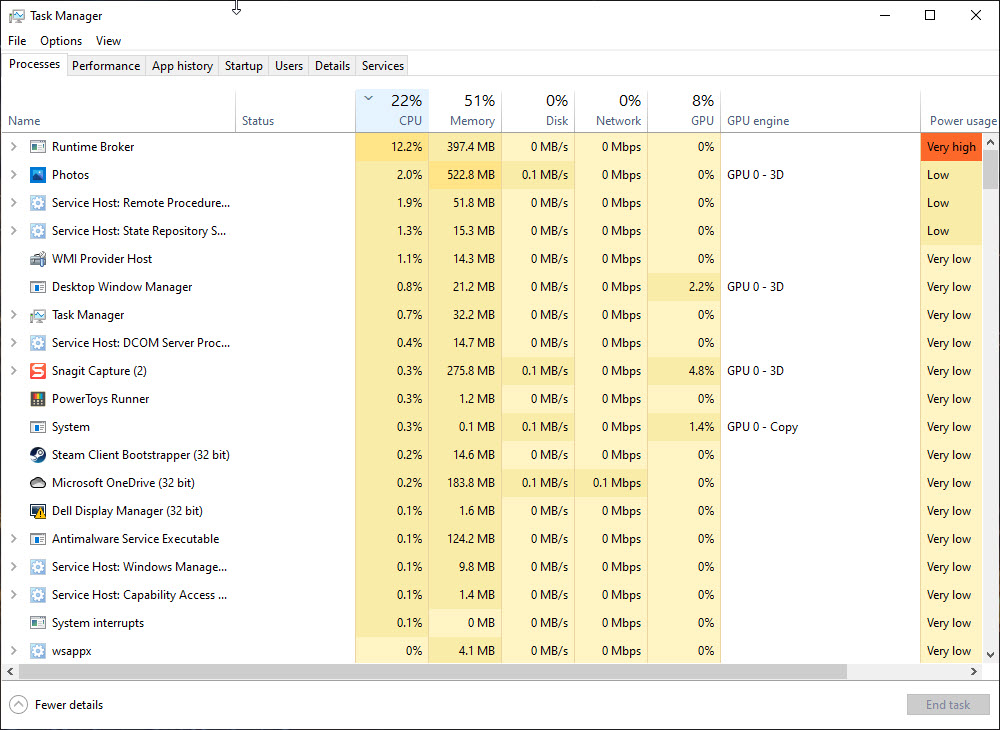 Task Manager Processes info