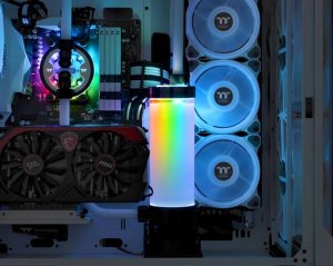 Thermaltake PR32-D5 pump lit by RGB inside a PC case