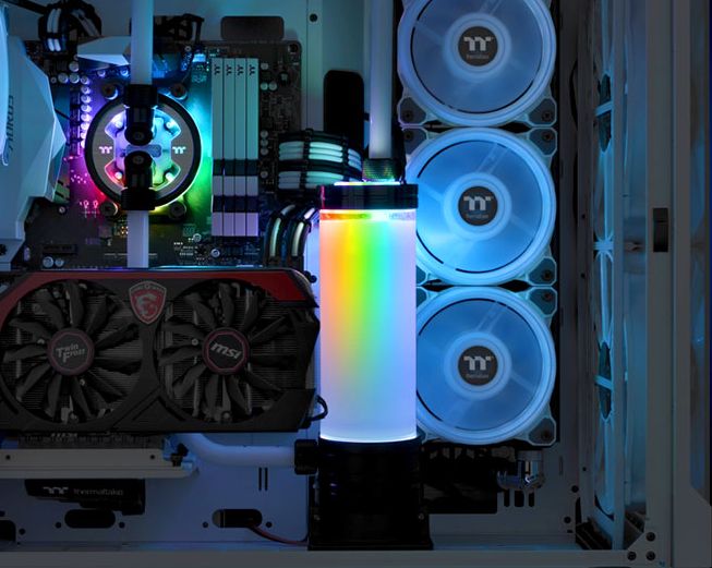 Thermaltake PR32-D5 pump lit by RGB inside a PC case