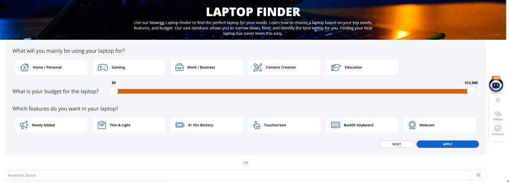 laptop finder tool page in newegg