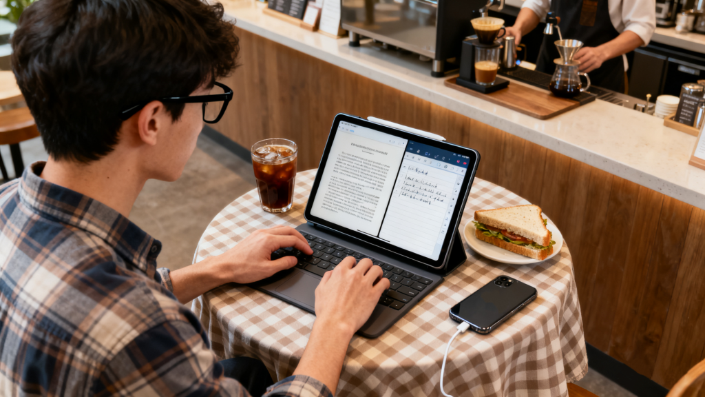 a student uses ultraportable 2-in-1 laptop in café