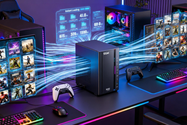 Scenario where multiple gaming PCs access a centralized 10GbE NAS