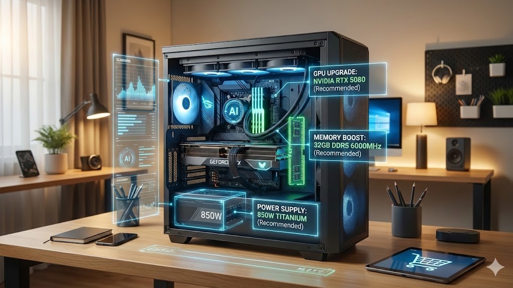 A realistic desktop PC being analyzed by an AI interface hologram, showing upgrade suggestions for GPU, memory, and power supply.