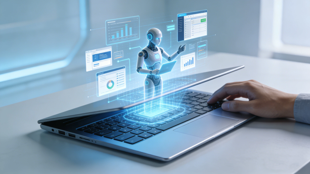 Ultra-slim laptop with holographic interface projection and AI local co-pilot assistant