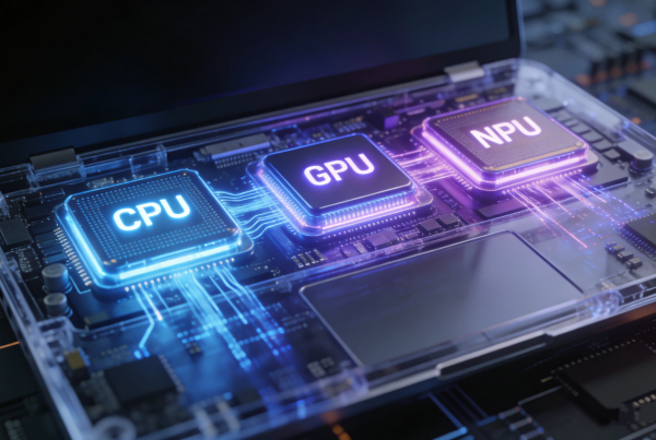 The three core components of the transparent futuristic laptop chassis: "CPU", "GPU", and "NPU".