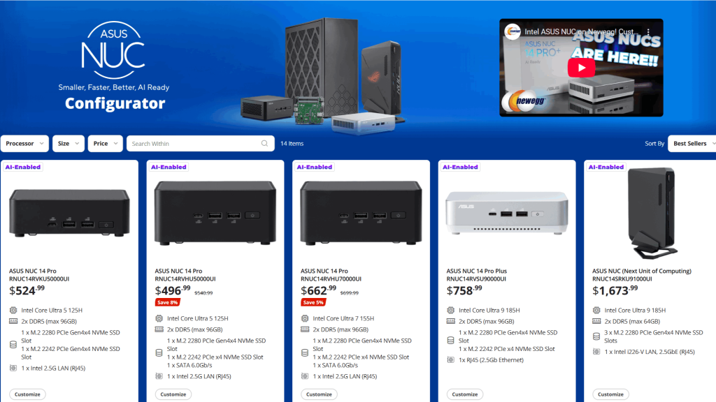 newegg shopping tool -- NUC Configurator screen shot