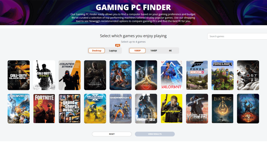 newegg shopping tool -- Gaming PC Finder screen shot