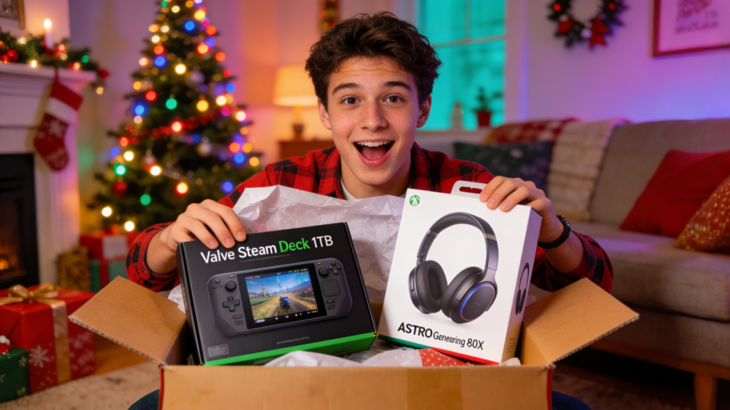 Young people opening gifts on Christmas morning