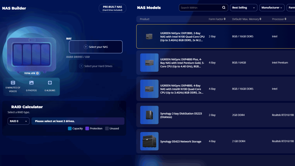 newegg shopping tool -- NAS builder screen shot