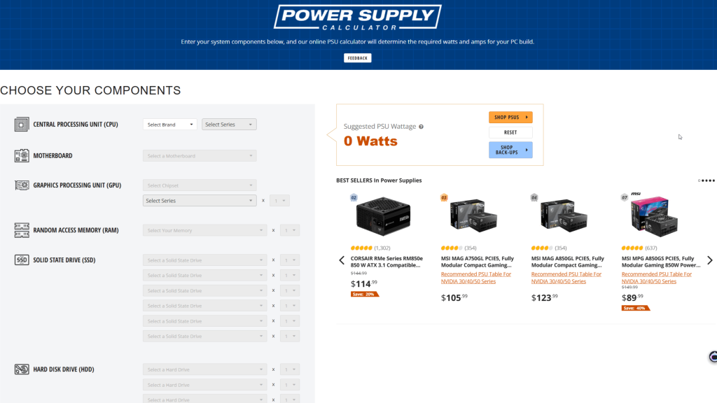 newegg shopping tool -- Power Supply Calculator screen shot