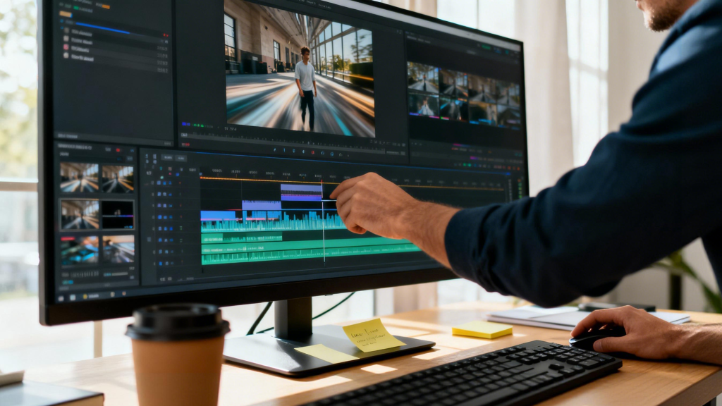 Productivity scene: designer scrubbing a video timeline on a high refresh monitor