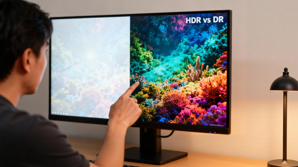 Side-by-side HDR vs SDR comparison on a monitor, left side washed-out highlights