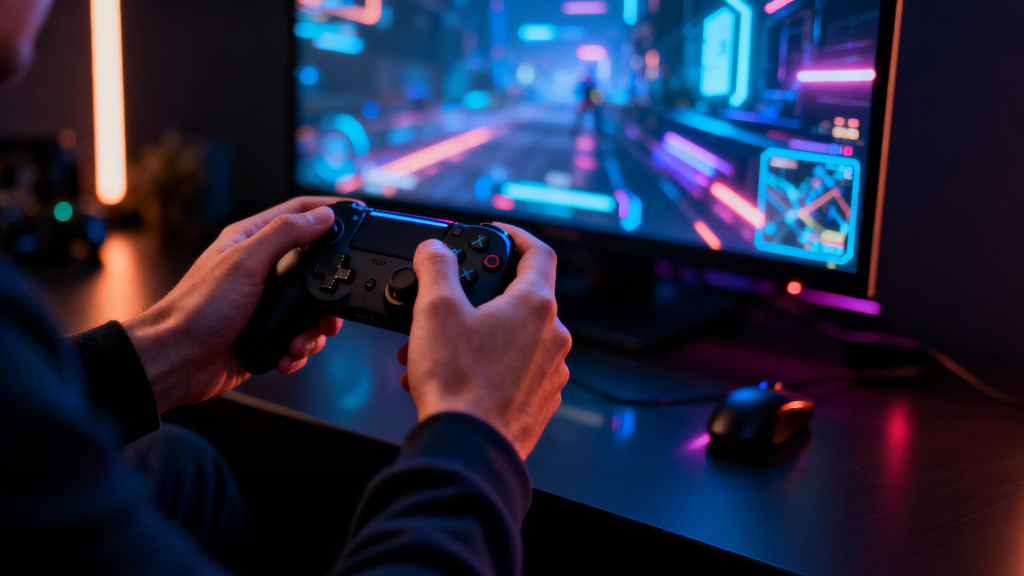 Gaming scene in a dark room: HDR-enabled game with glowing effects and rich contrast