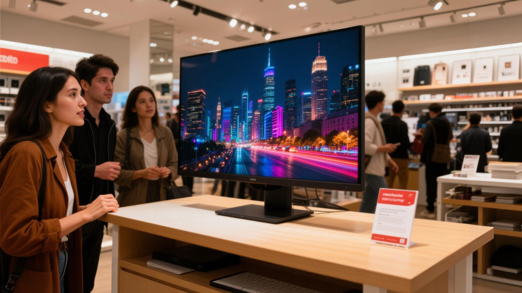 Retail display: HDR monitor demo loop with high-contrast city night scene