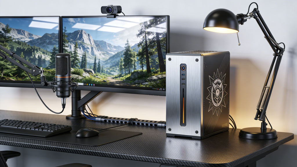High-end gaming setup with a 4K monitor displaying a detailed open-world game