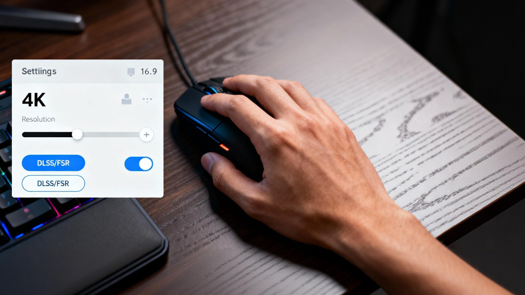 Split scene of game settings: 4K resolution slider, DLSS/FSR toggles