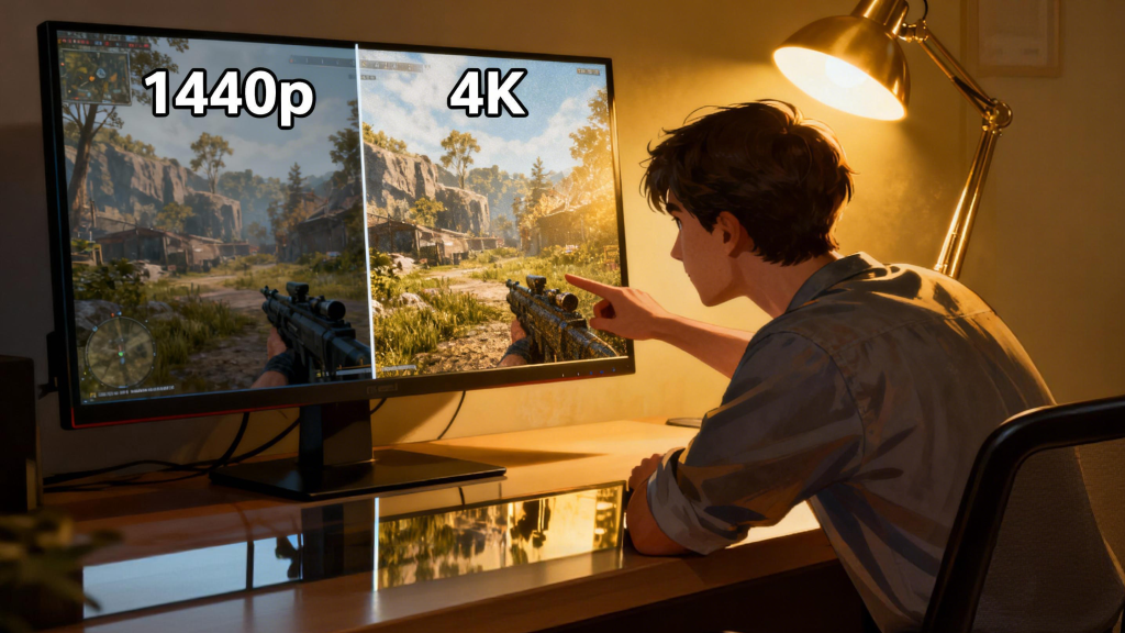 Comparative scene: 1440p vs 4K game screenshot on a single monitor with split overlay