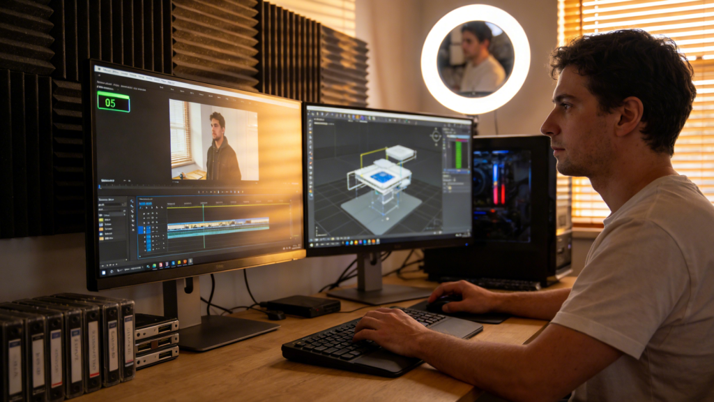 Creator's work scene, dual screens display rendering progress