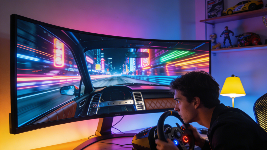 Gaming immersion scene: racing game on a curved monitor