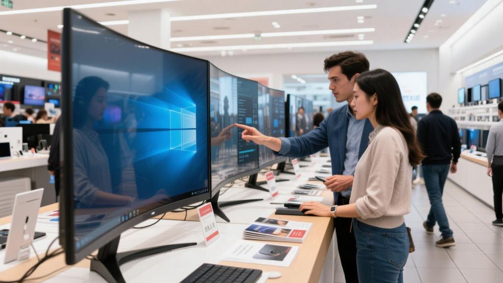 Retail showroom: large curved monitors lined up, shoppers testing