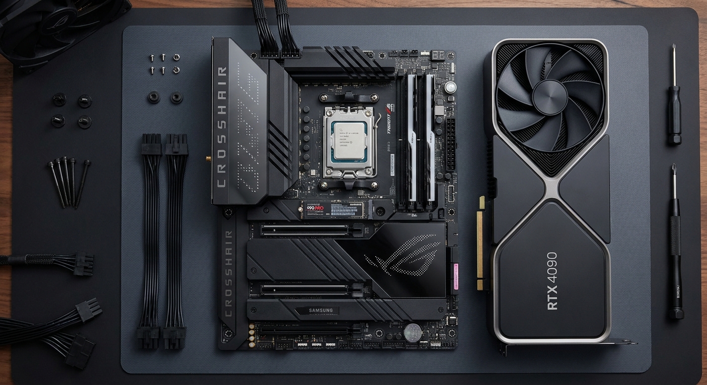 AMD Ryzen PC build components laid out around AM5 motherboard
