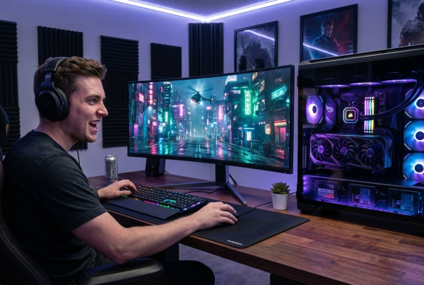 Gamer at Ultimate GTA6 Gaming Desktop, City Skyline on Screen