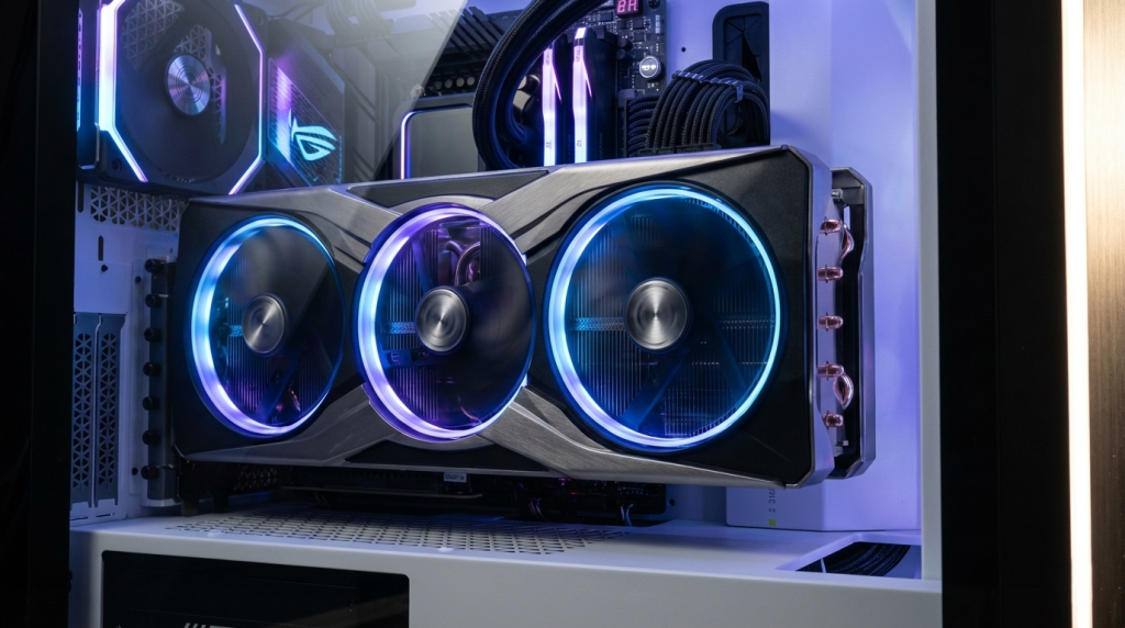 GPU Close-Up — Premium Graphics Card Installed in Gaming PC, RGB Illumination