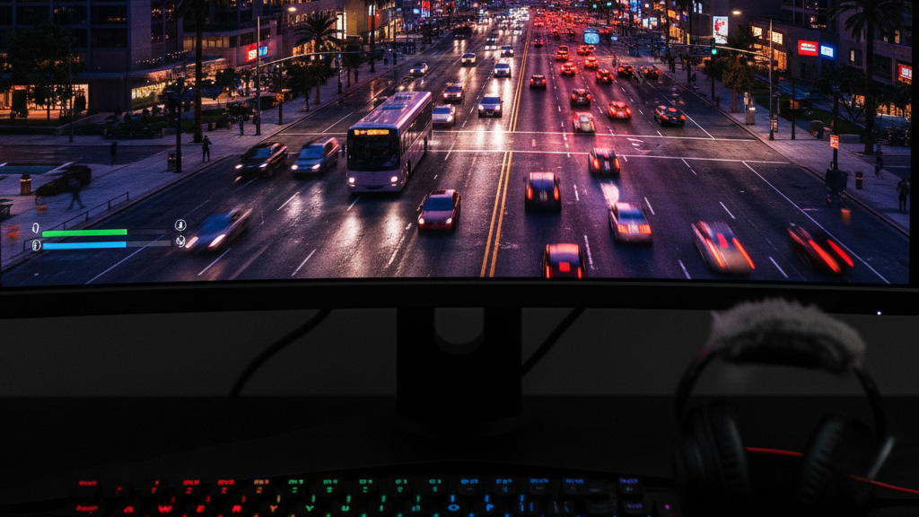 4K Gaming Immersion — Screen Close-Up of GTA6 Coastal Metropolis in Full Detail