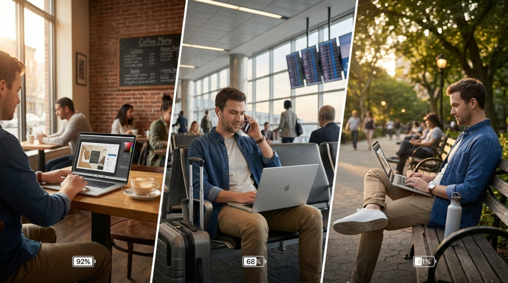 Digital Nomad Using Laptop in Diverse Mobile Environments (Triptych Composition)