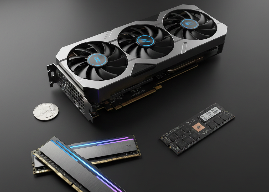 Hardware Upgrade Flatlay — GPU, RAM, and SSD Components on Dark Desk Surface