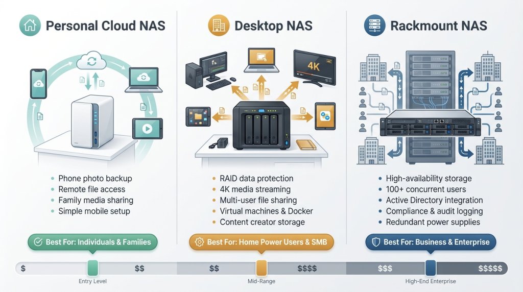 NAS Use Case Comparison Infographic: Three Tiers Side by Side