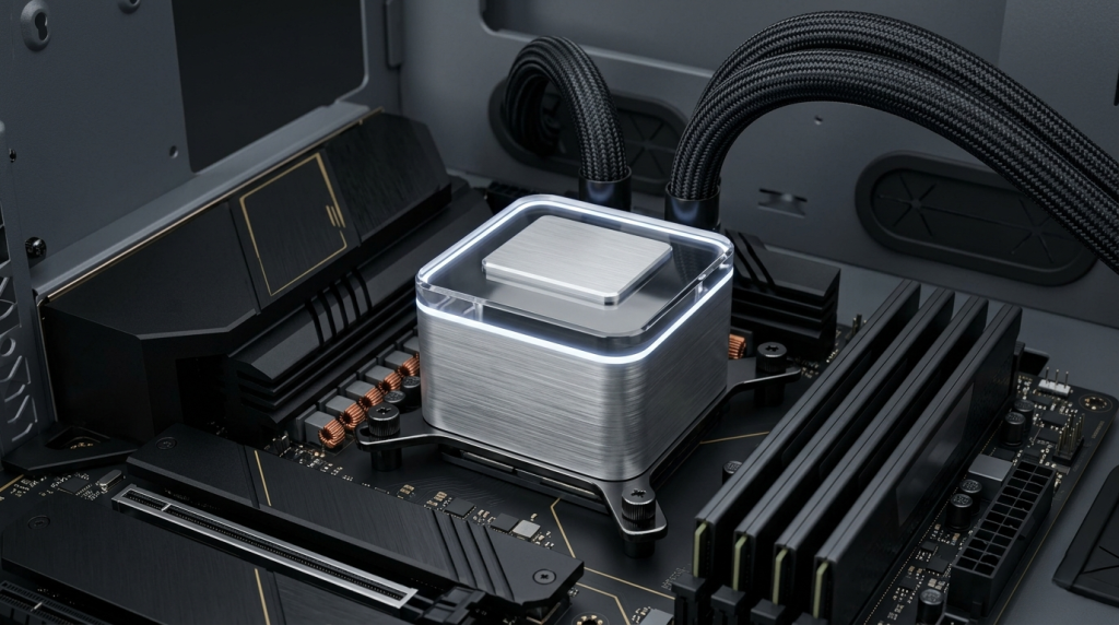 AIO liquid cooler close-up on motherboard