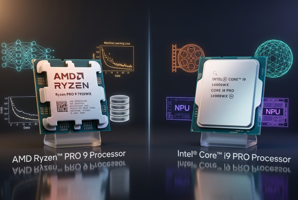 AMD and Intel chips with holographic icons