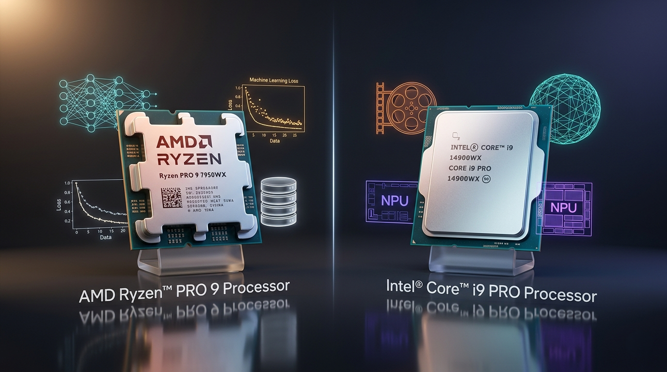 AMD and Intel chips with holographic icons