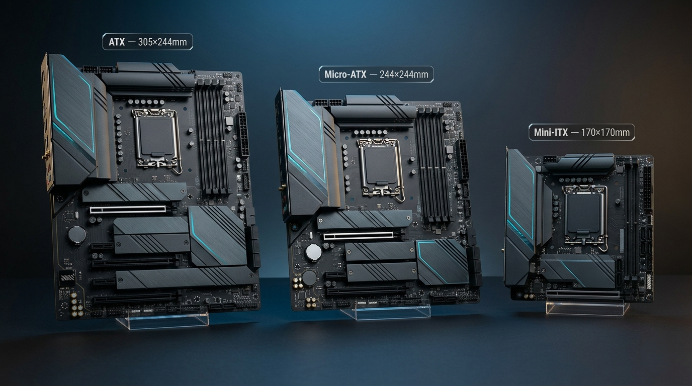 Three motherboard form factors side by side