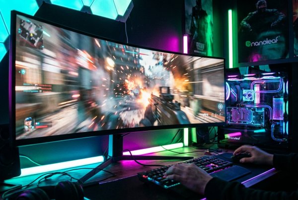 RGB gaming setup with curved monitor showing FPS game in action