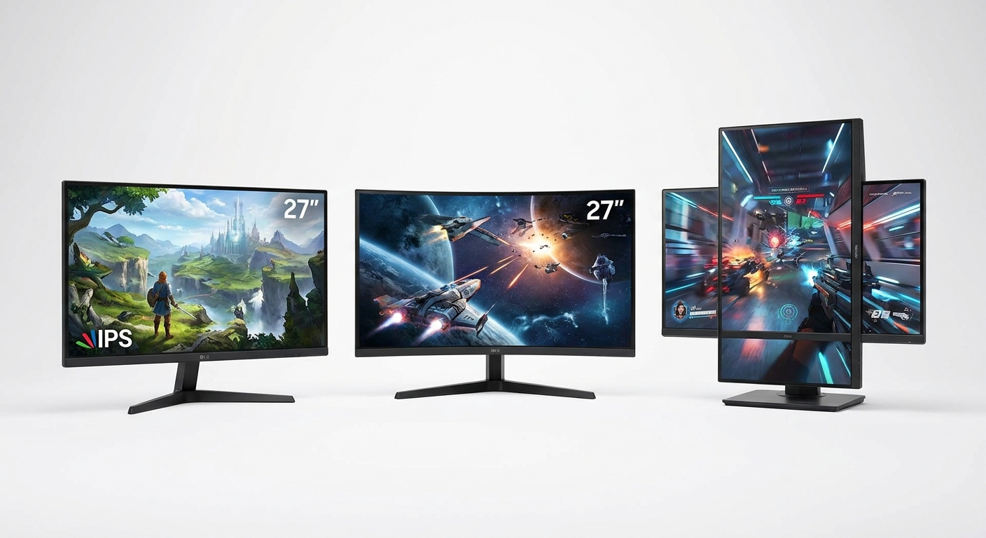 Three gaming monitors product photography — flat, curved, and dual-mode