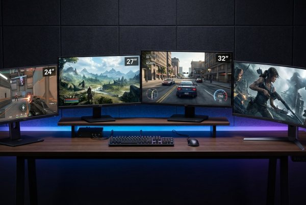 Four gaming monitors of different sizes — 24, 27, 32-inch, and ultrawide — displayed side by side on a modern gaming desk