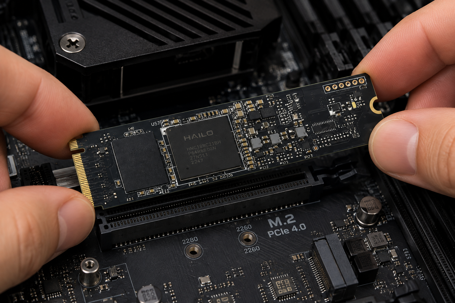 Close-up of a small M.2 AI accelerator module being seated into a motherboard slot by two hands