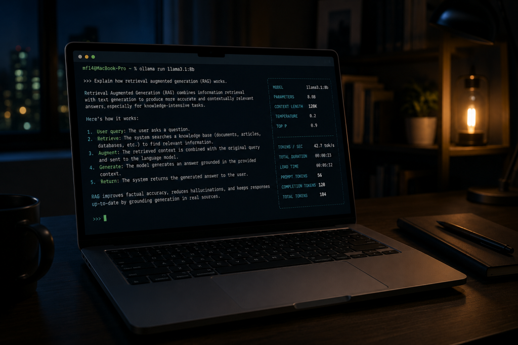 A laptop screen showing a terminal window with AI model output, dimly lit home office at night