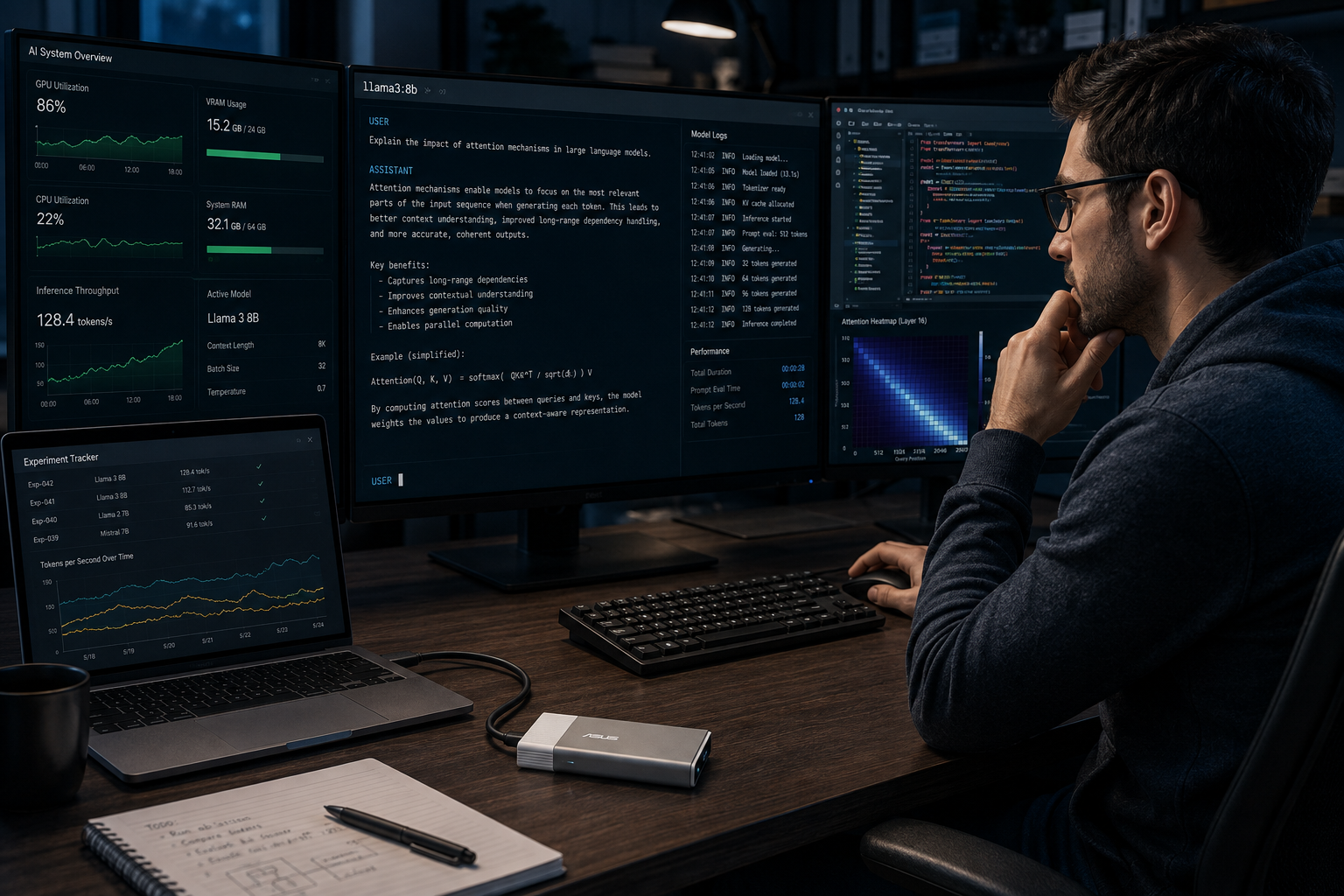 A researcher at a multi-monitor desk setup reviewing AI model output, calm focused expression, cool ambient lighting